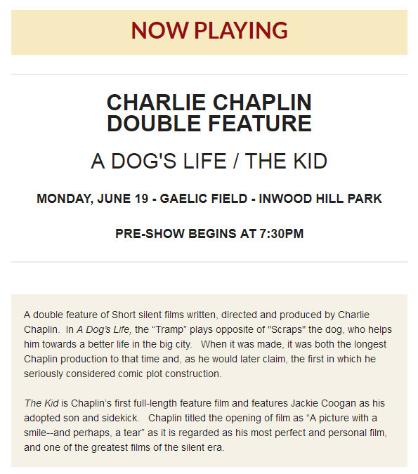 Now Playing! Charlie Chaplin Double Feature A Dog's Life The Kid - Monday, June 19 at Film Works Alfresco - Mozilla Firefox 6152017 121909 AM