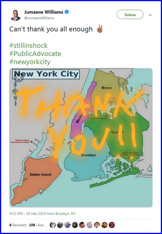 Jumaane Williams on Twitter Can't thank you all enough ✌? #stillinshock #PublicAdvocate #newyorkcity… - Mozilla Firefox 2272019 123541 AM