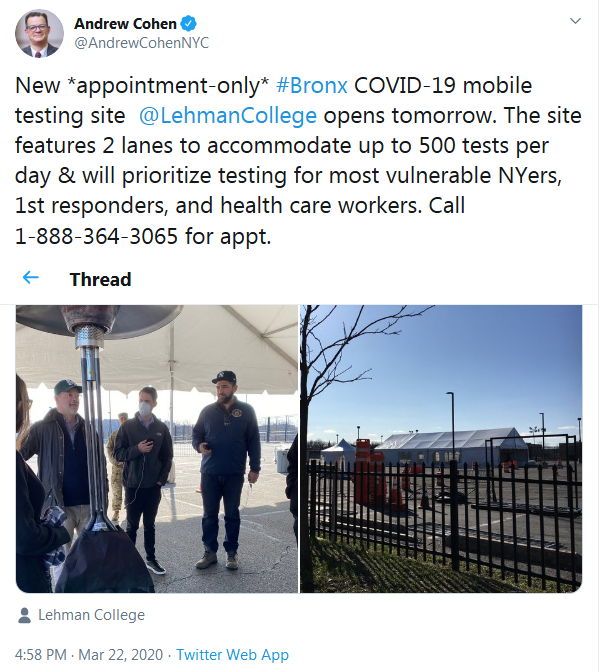 Screenshot_2020-03-23 Andrew Cohen on Twitter New appointment-only #Bronx COVID-19 mobile testing site LehmanCollege opens [...](1)